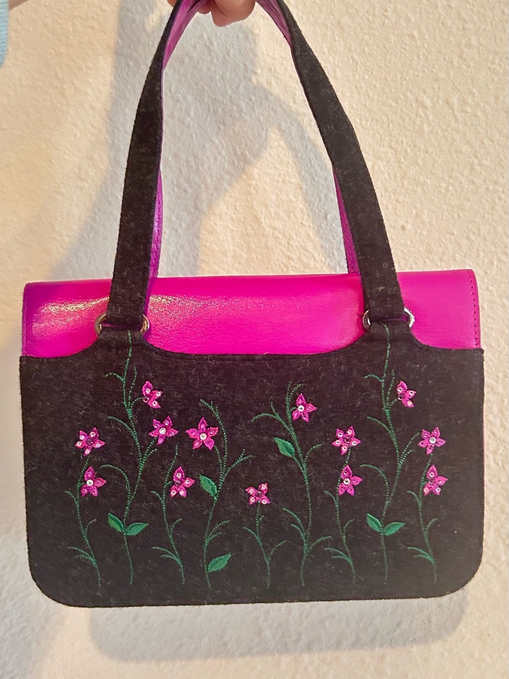 Vintage Bruno Magli Italy Fuchsia Leather Wool Rhinestone Embroidered Mini Bag